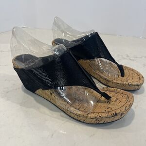 Donald Pliner Womens Sz 12 Leather Slip‎ On Wedge Thong Sandals Shoes Black